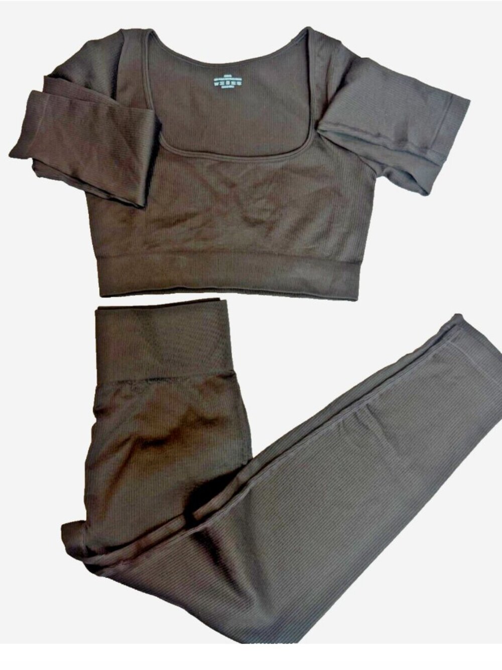 XL Workout Activewear Set Brown Long Sleeve Crop Top and Leggings